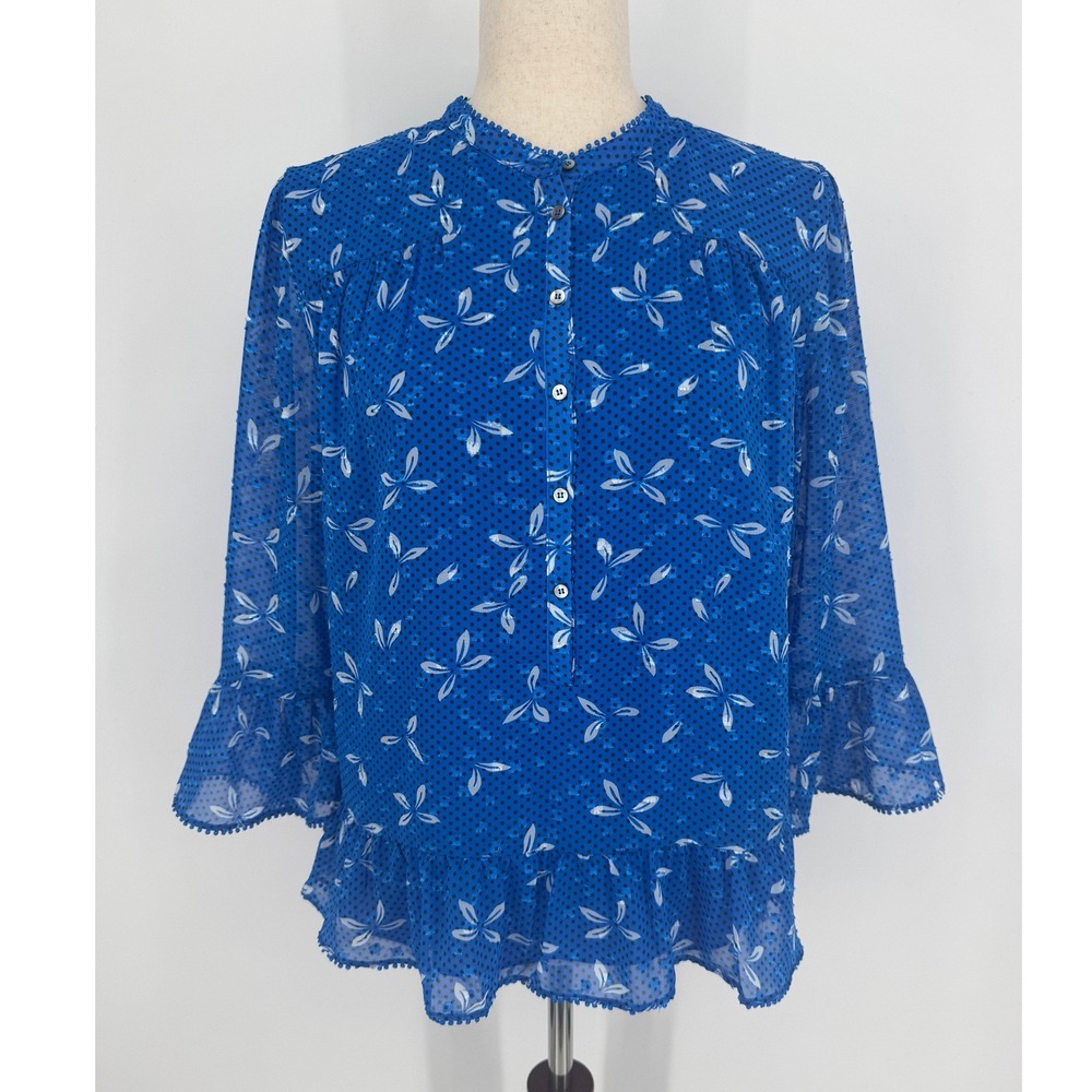 Whistles Peplum Blouse Size 6 Blue Floral Polka Dot Ruffle Cuff Preppy Boho